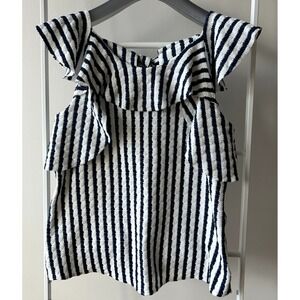 EVA FRANCO ANTHROPOLOGIE Striped Ruffle Flutter Sleeve Top Size XS Blue & White